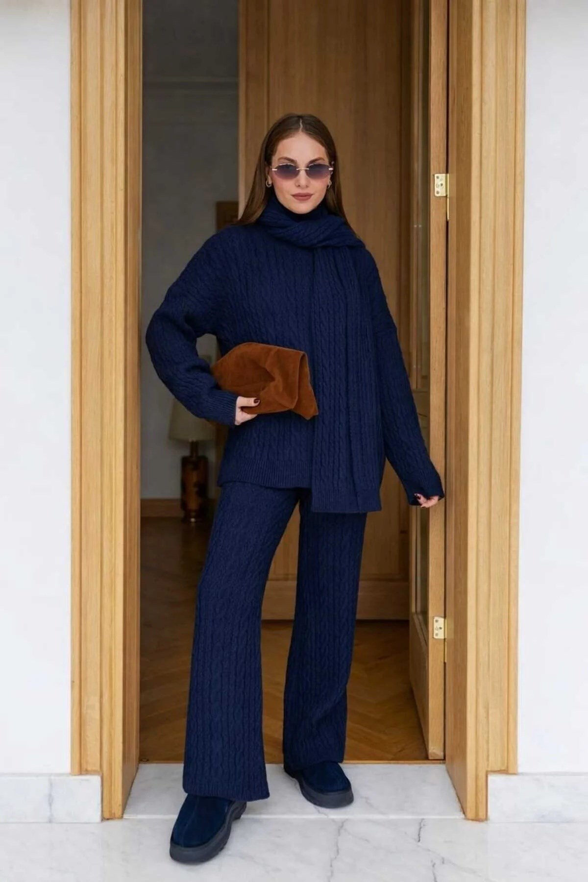 Kadın Triko Pantolon Takım Oversize Saç Örgülü