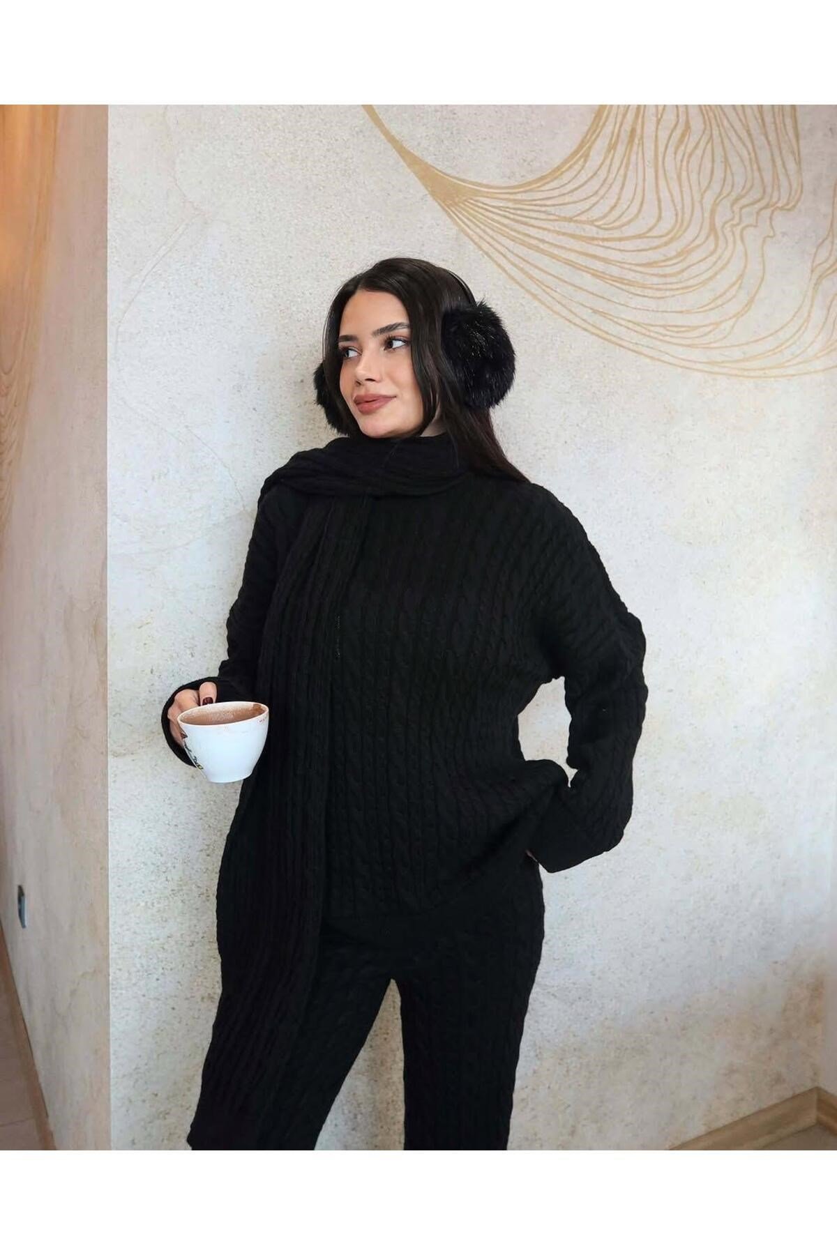 Kadın Triko Pantolon Takım Oversize Saç Örgülü