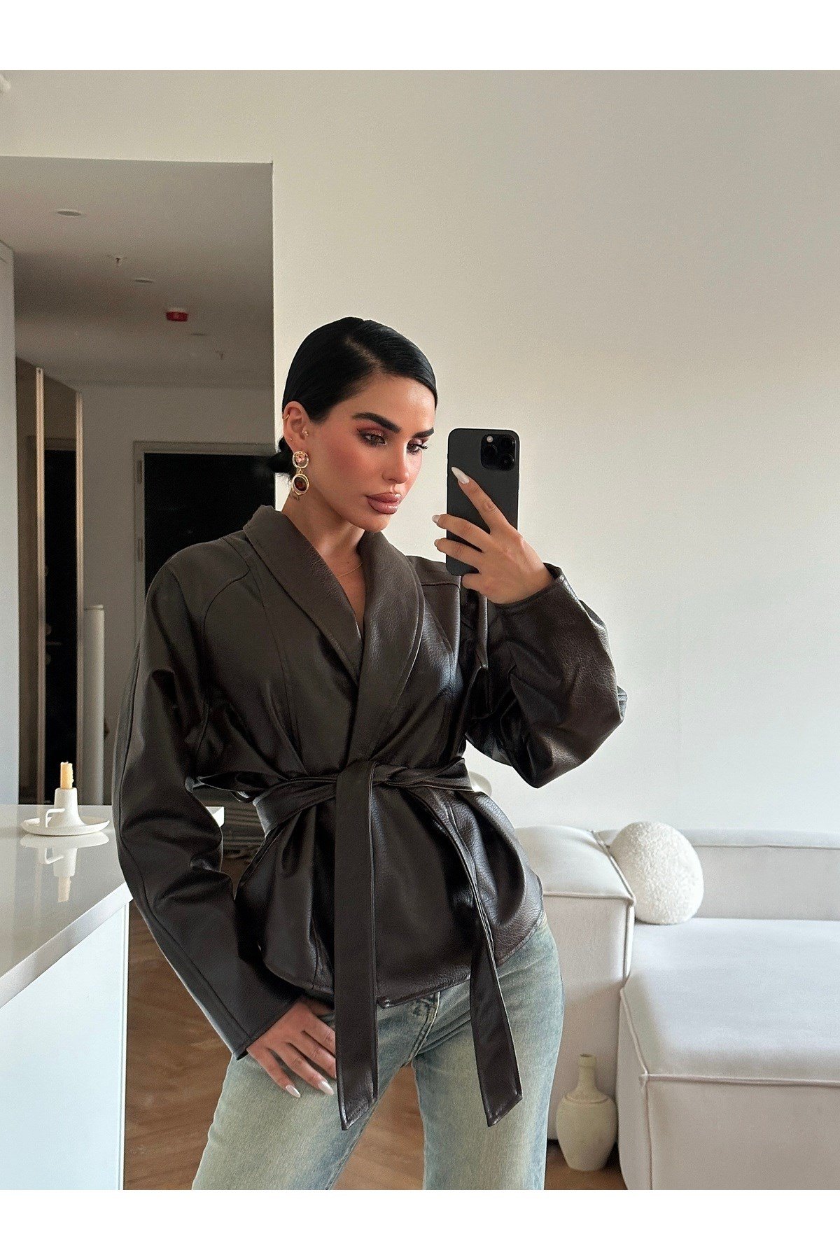 Kadın Zr Model Şal Yaka Bağlamalı Deri Ceket