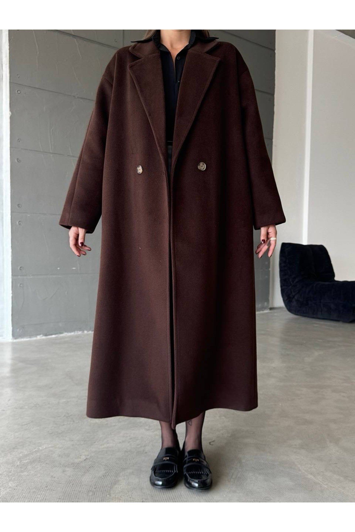 Kahverengi Yün Alaşım Kaşe Oversize Kaban