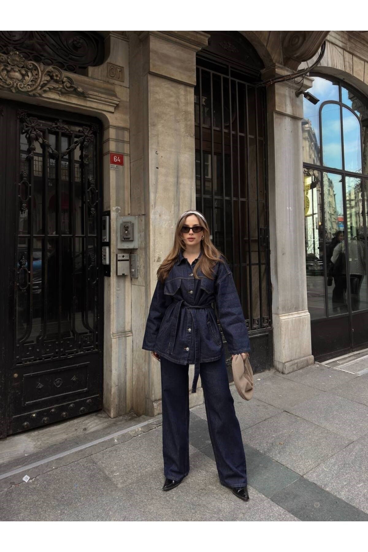 Koyu Lacivert Bağlamalı Denim Takım Oversize Ceket ve Pantolon