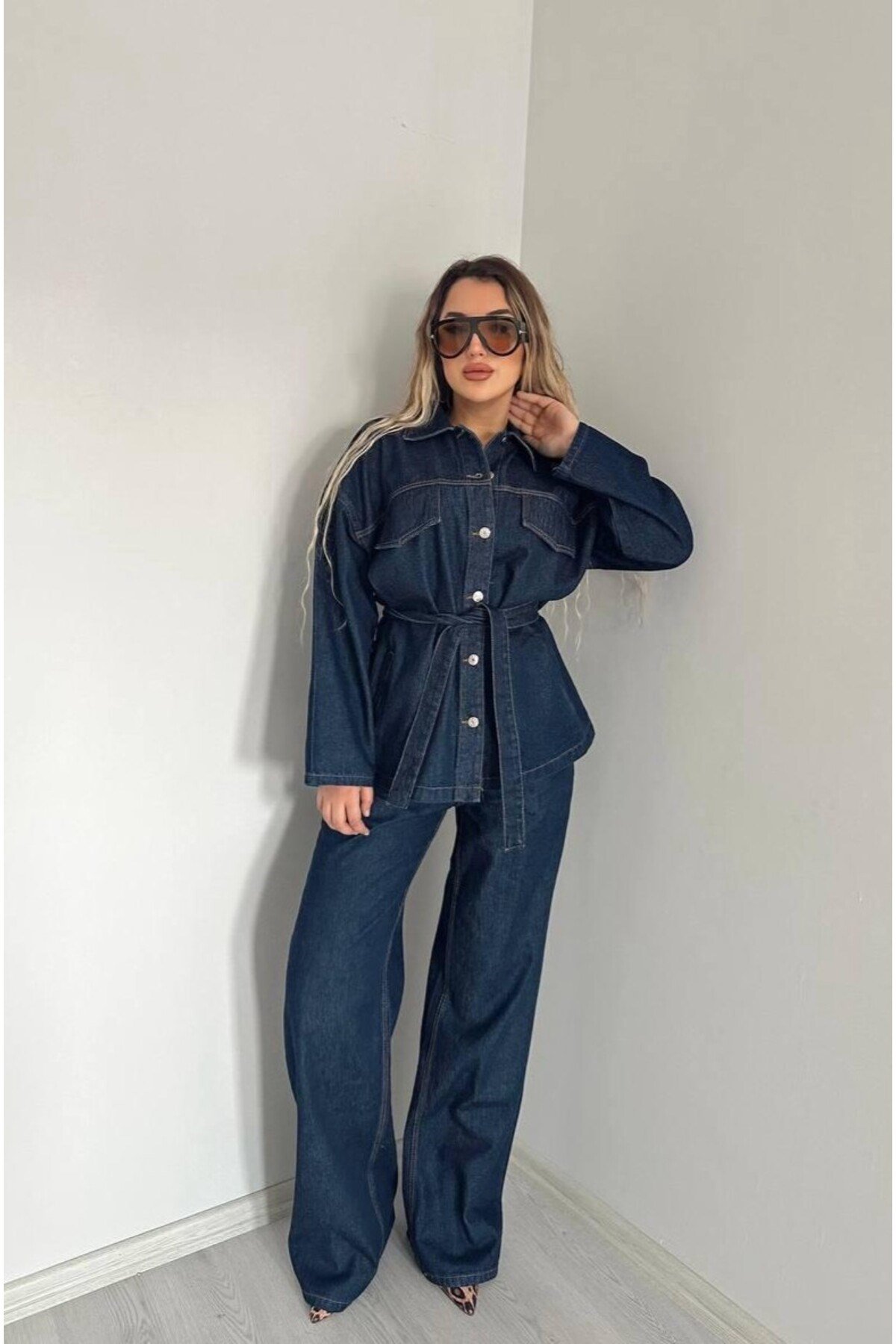 Koyu Lacivert Bağlamalı Denim Takım Oversize Ceket ve Pantolon