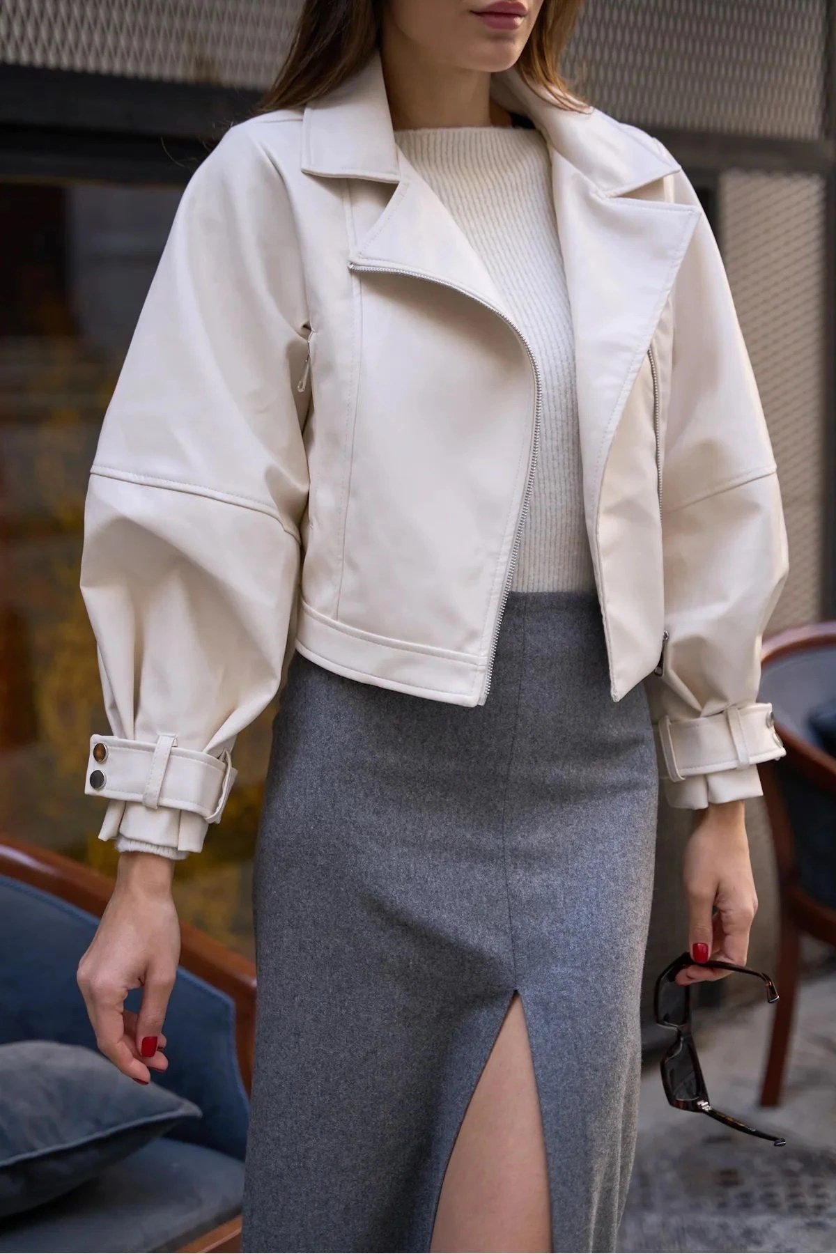 Krem Bomber Ceket