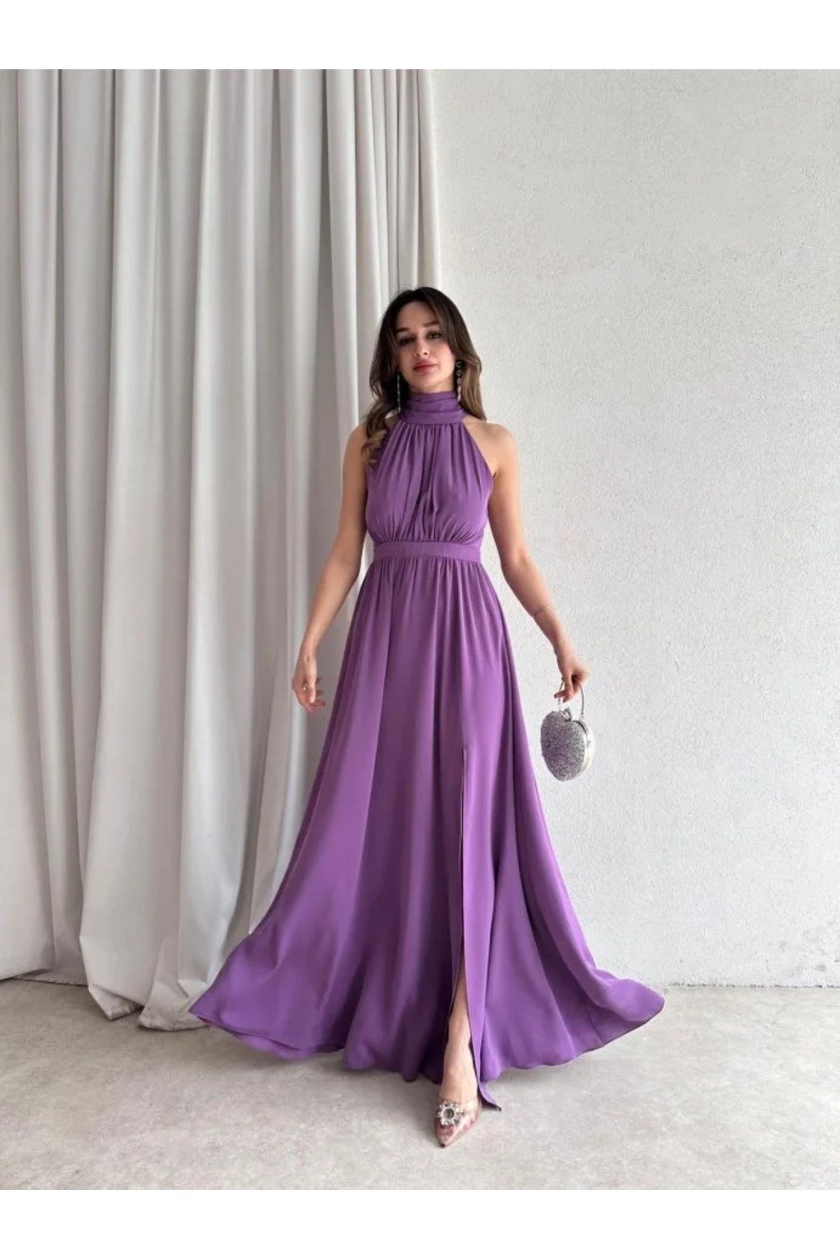 Lila Halter Yaka Yırtmaçlı Uzun Ipek Saten Elbise