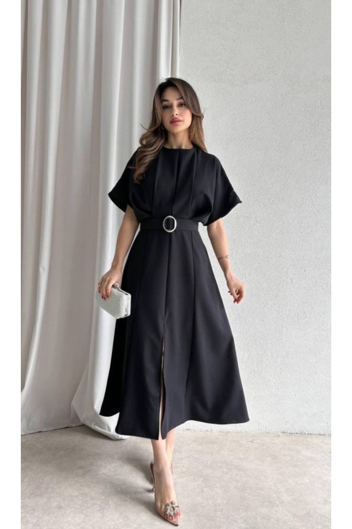 Maxi Siyah Kemerli Elbise