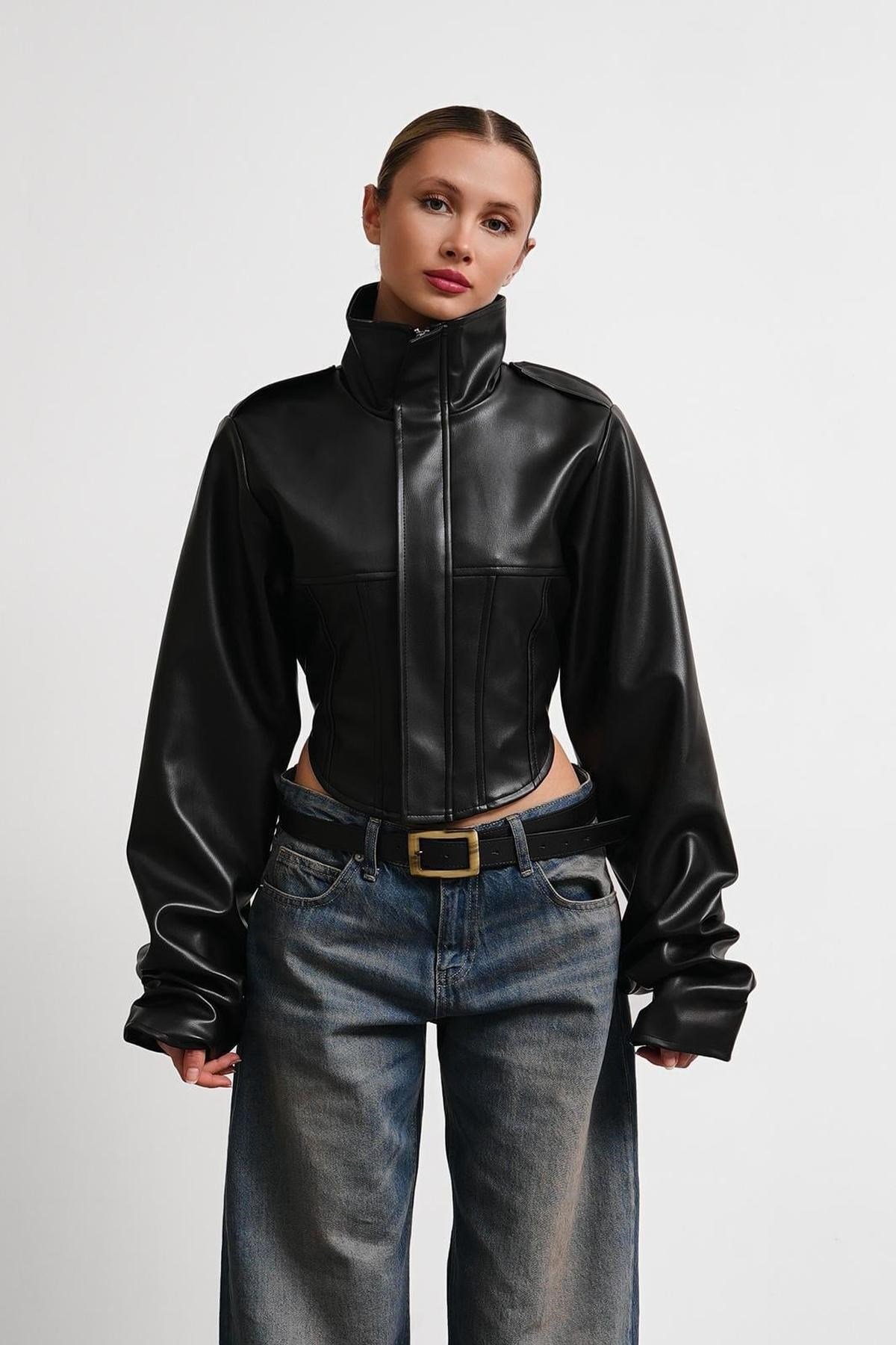 New Season Dik Yaka Motorcu Crop Kadın Deri Ceket