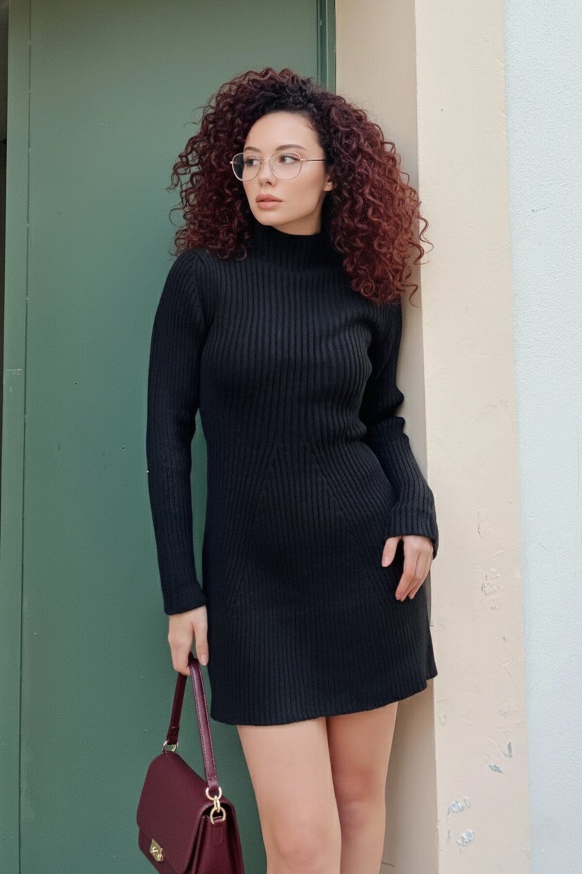 Serre Örgü Yarım Balıkçı Kadın Triko Mini Elbise