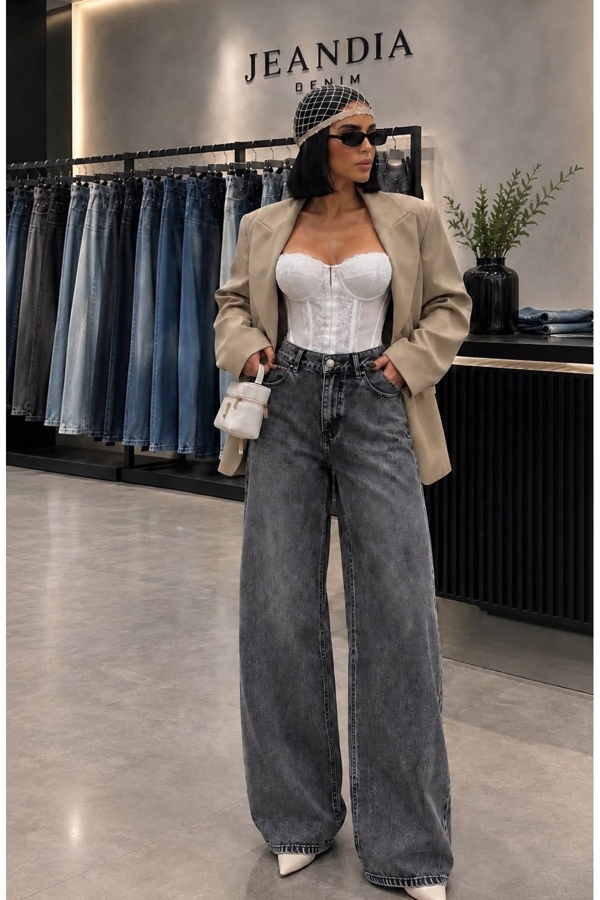 Trend Wide-Leg Salaş Kesim Gri Denim Pantolon