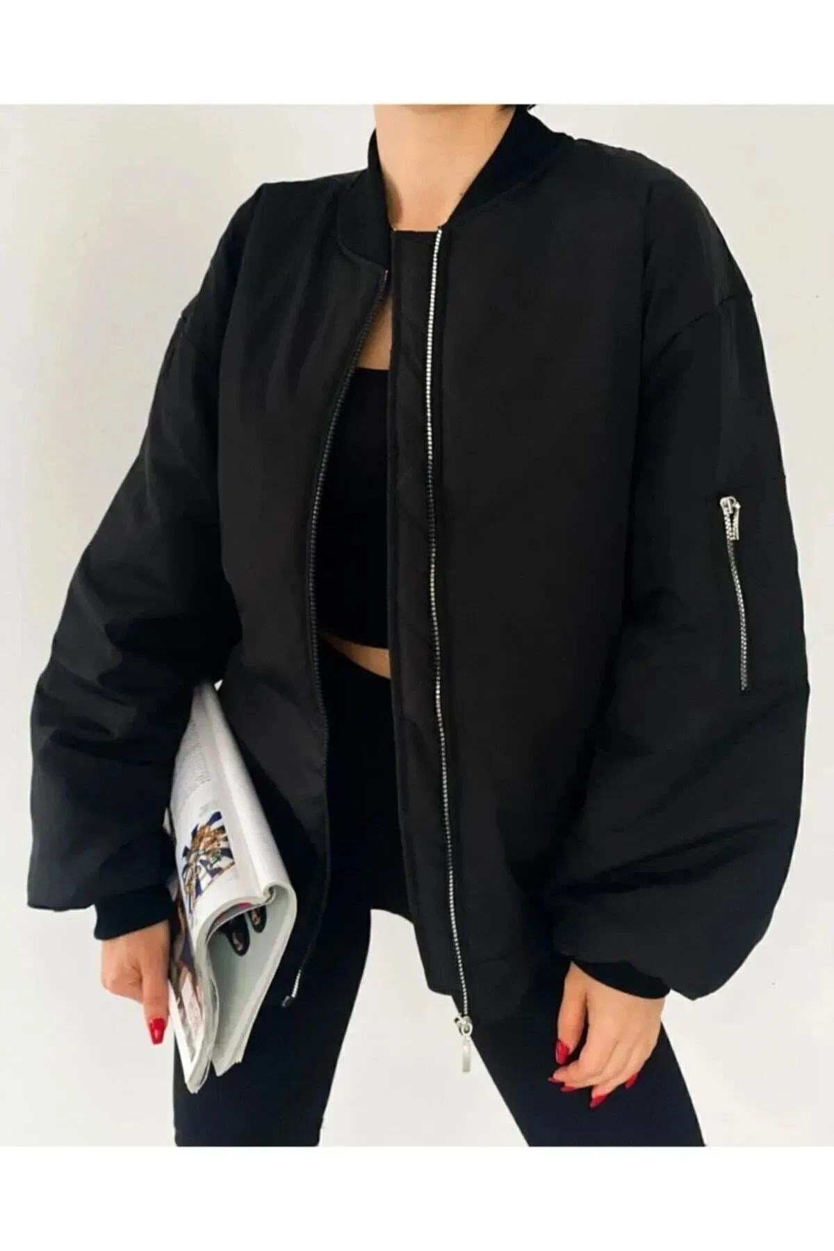 Unisex Siyah Oversize Bomber Ceket