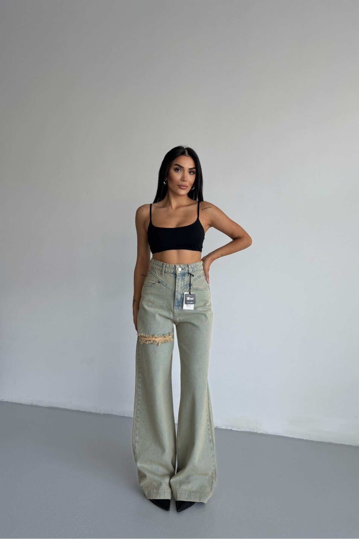 Yüksek Bel Asimetrik Kemerli Wide Leg Jean Pantolon