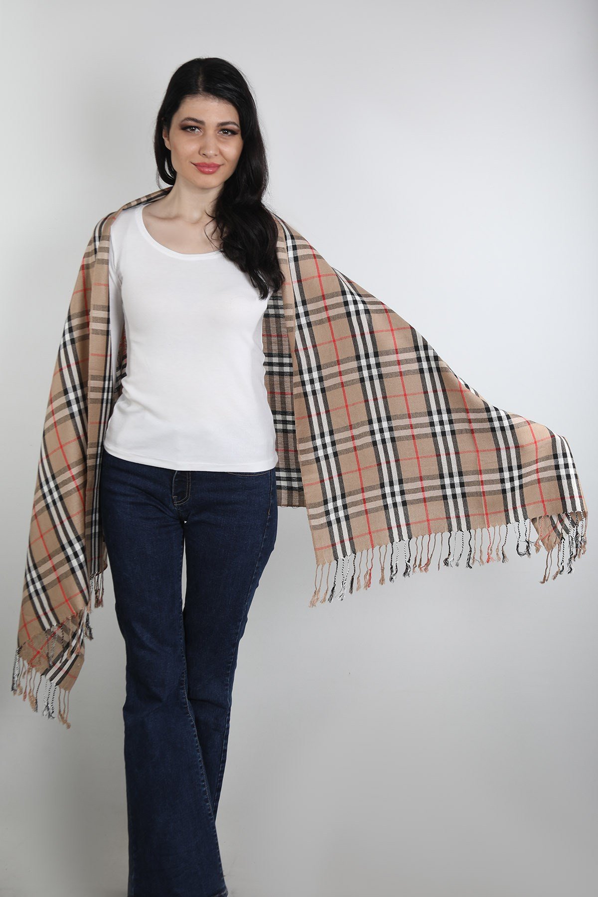 Açık Kahve Siyah Viscon - Cotton Şal