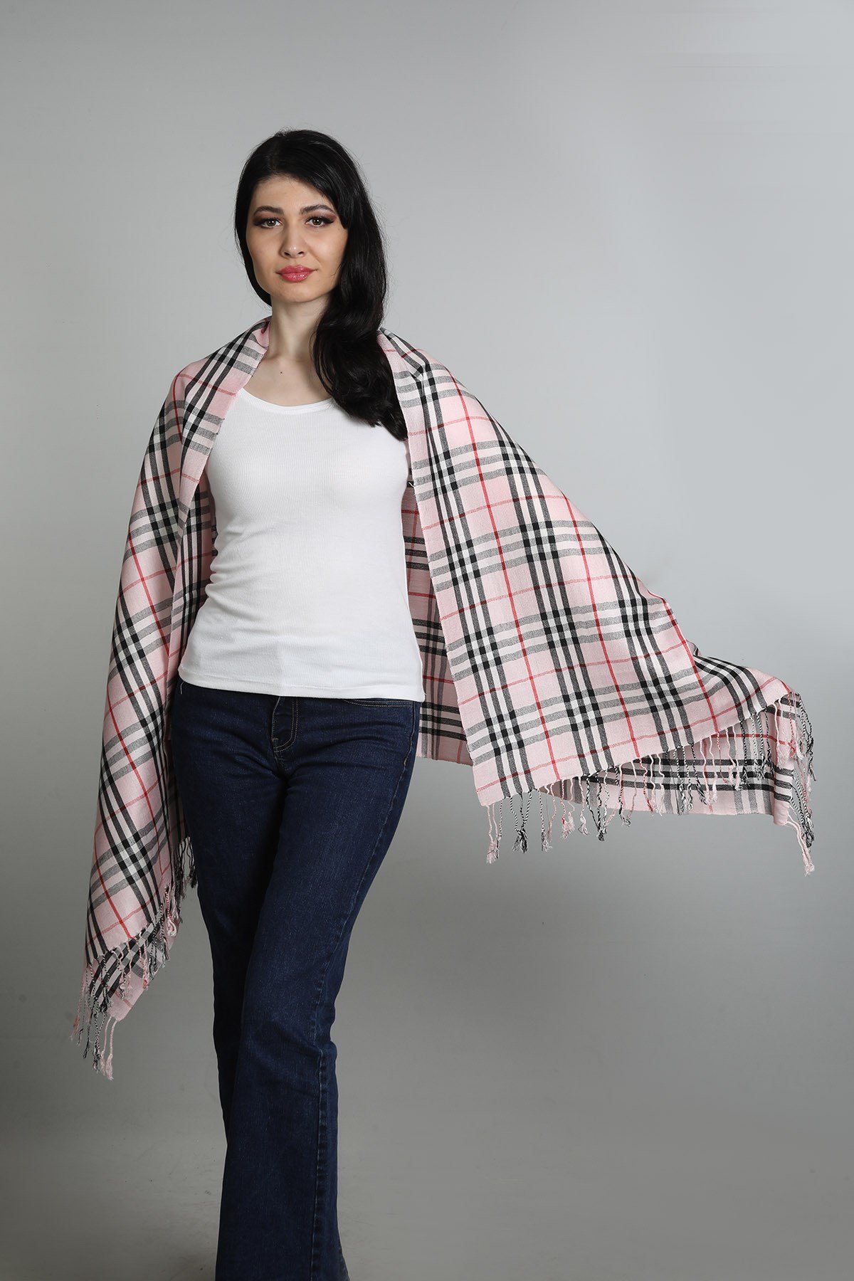 Açık Pembe Siyah Viscon - Cotton Şal