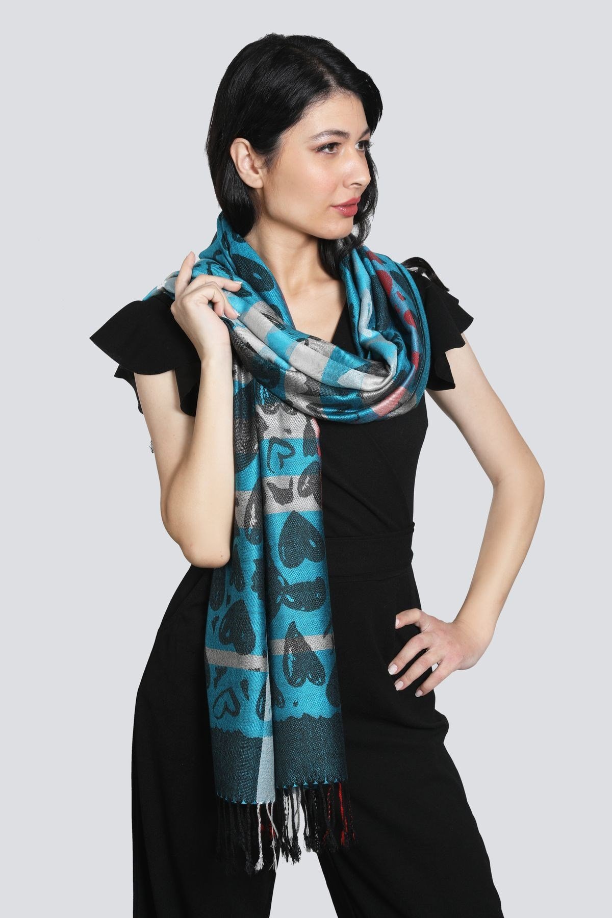 Antrasit Turkuaz Kaşmir Pashmina Şal