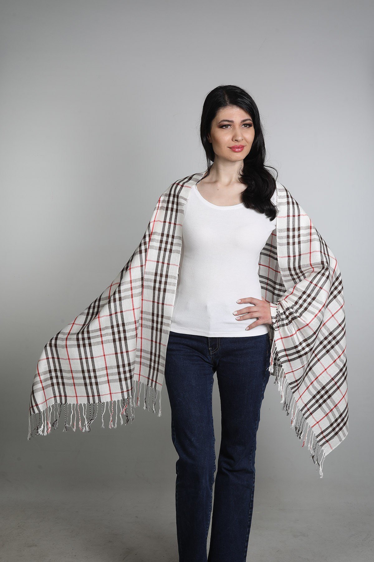 Ekru Kahve Viscon - Cotton Şal