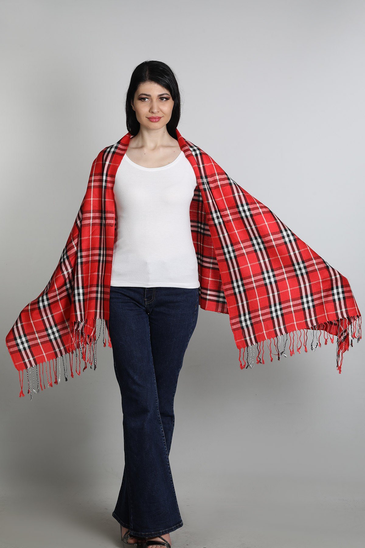 Kırmızı Siyah Viscon - Cotton Şal