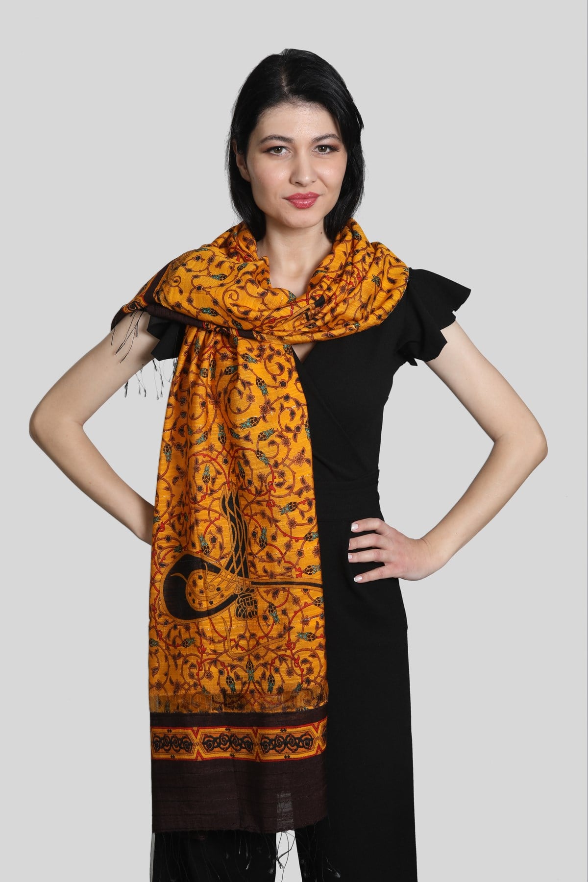 Orange Kahve İpek - Keten Eşarp Şal