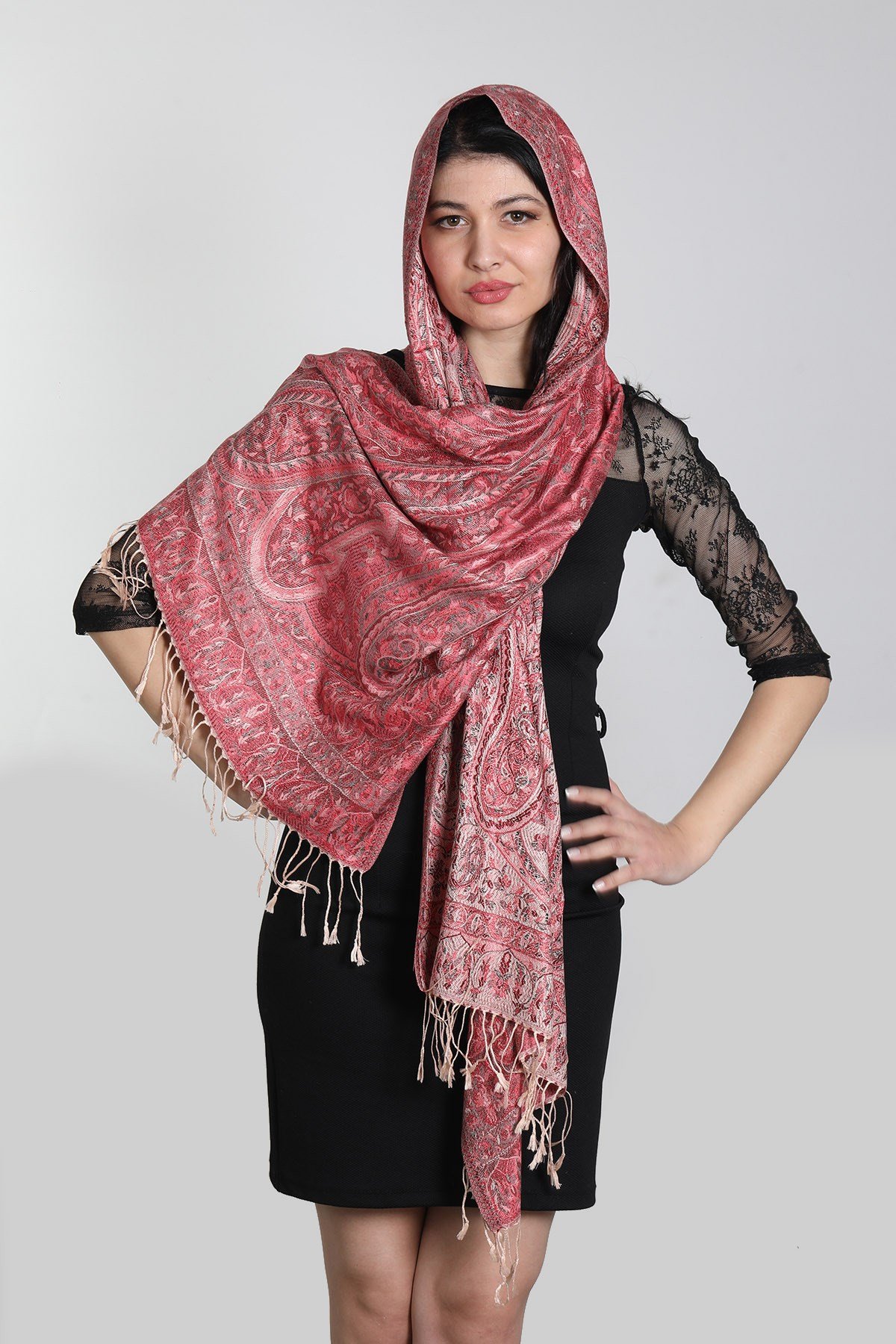 Pembe Multi %100 İpek Çift Taraflı Şal