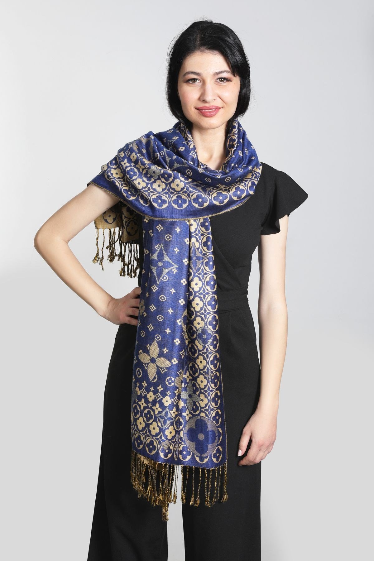 Sax Mavi Gold Pashmina Şal