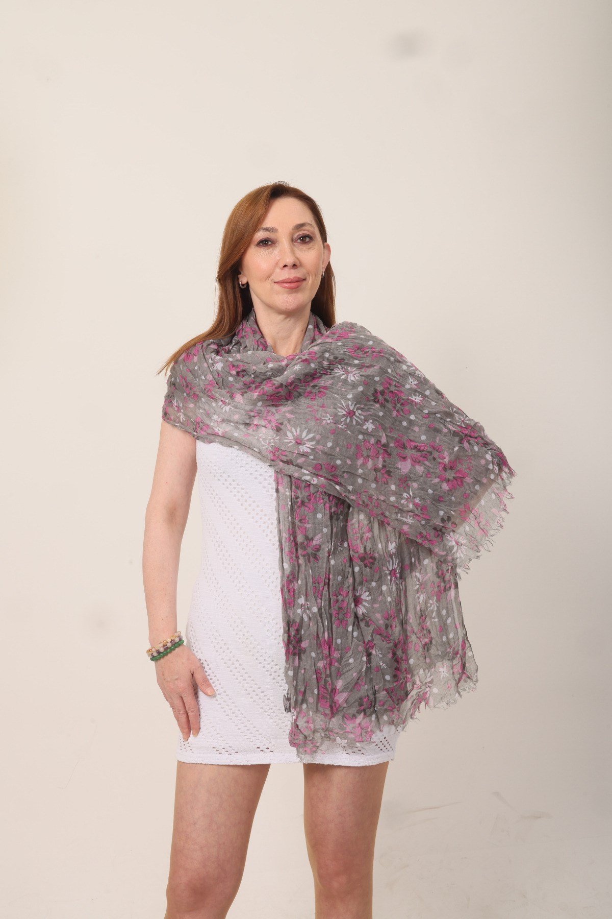 Shawl %100 Pamuk Çiçek Desenli Çift Taraflı Şal (70x180cm)