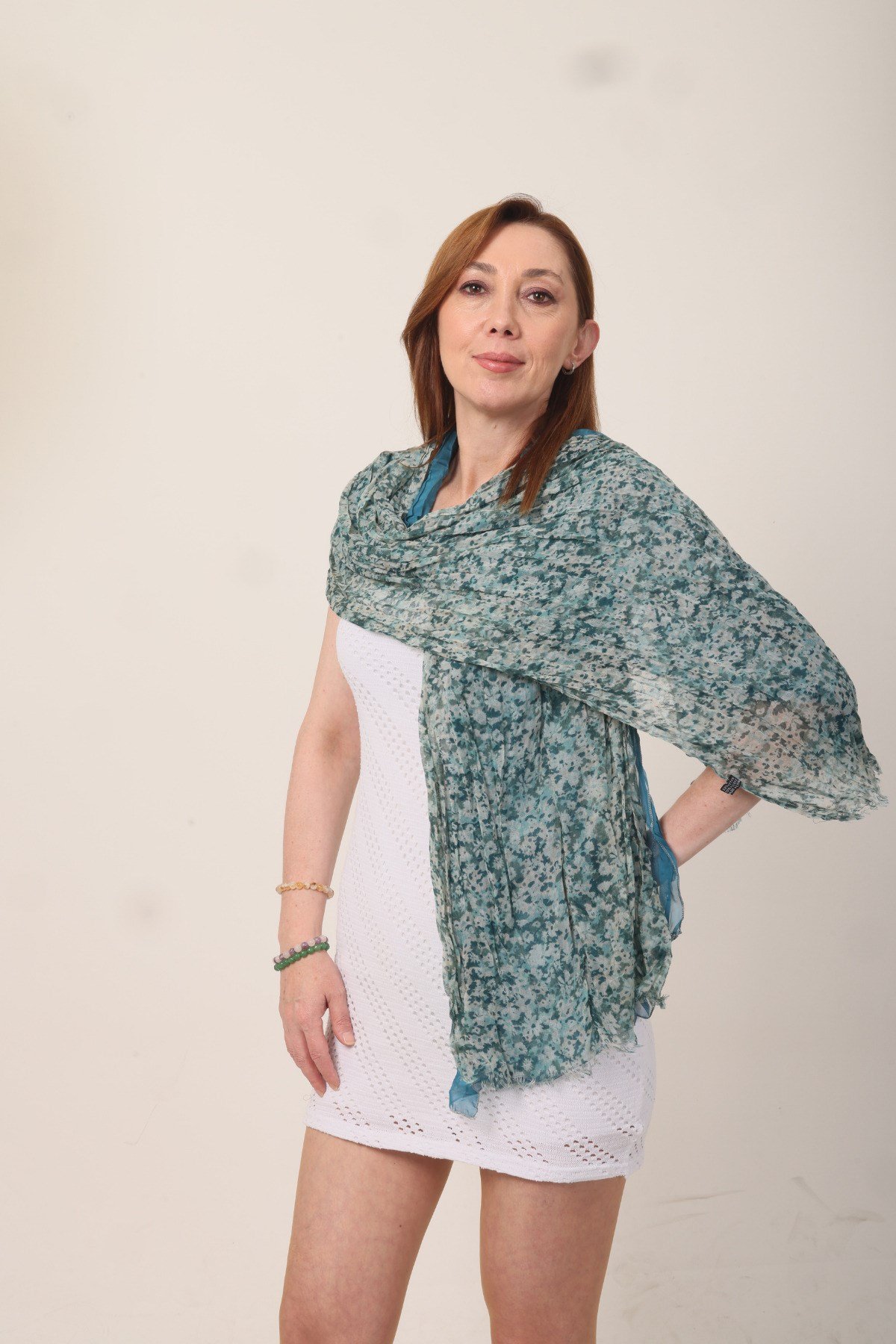 Shawl %100 Pamuk Desenli Pastel Mint Yeşili Çift Taraflı Şal (70x180 cm)