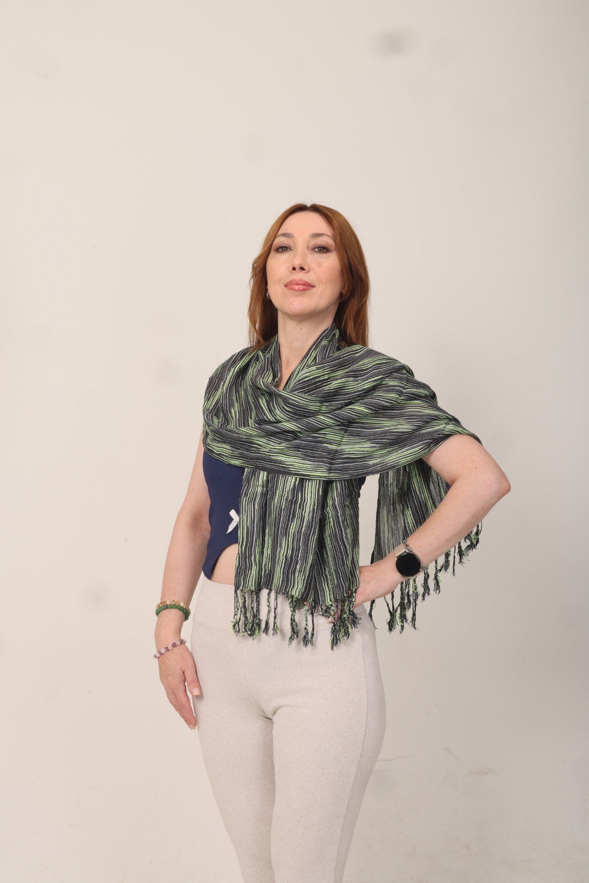 Shawl %100 Pamuk Füme & Yeşil Çizgi Desenli Şal (50x160 cm)