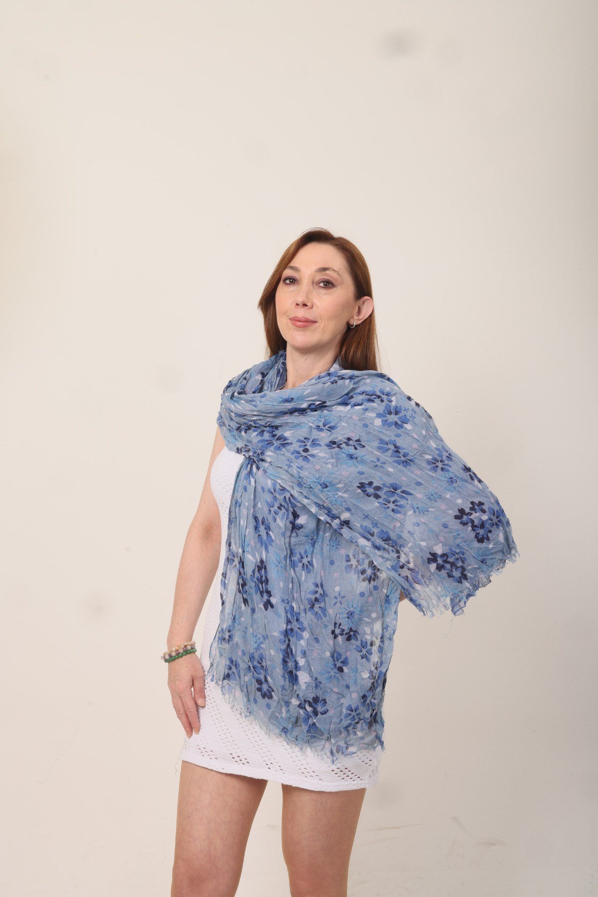 Shawl %100 Pamuk İndigo Renk Çiçek Desenli Çift Taraflı Şal (70x180 cm)