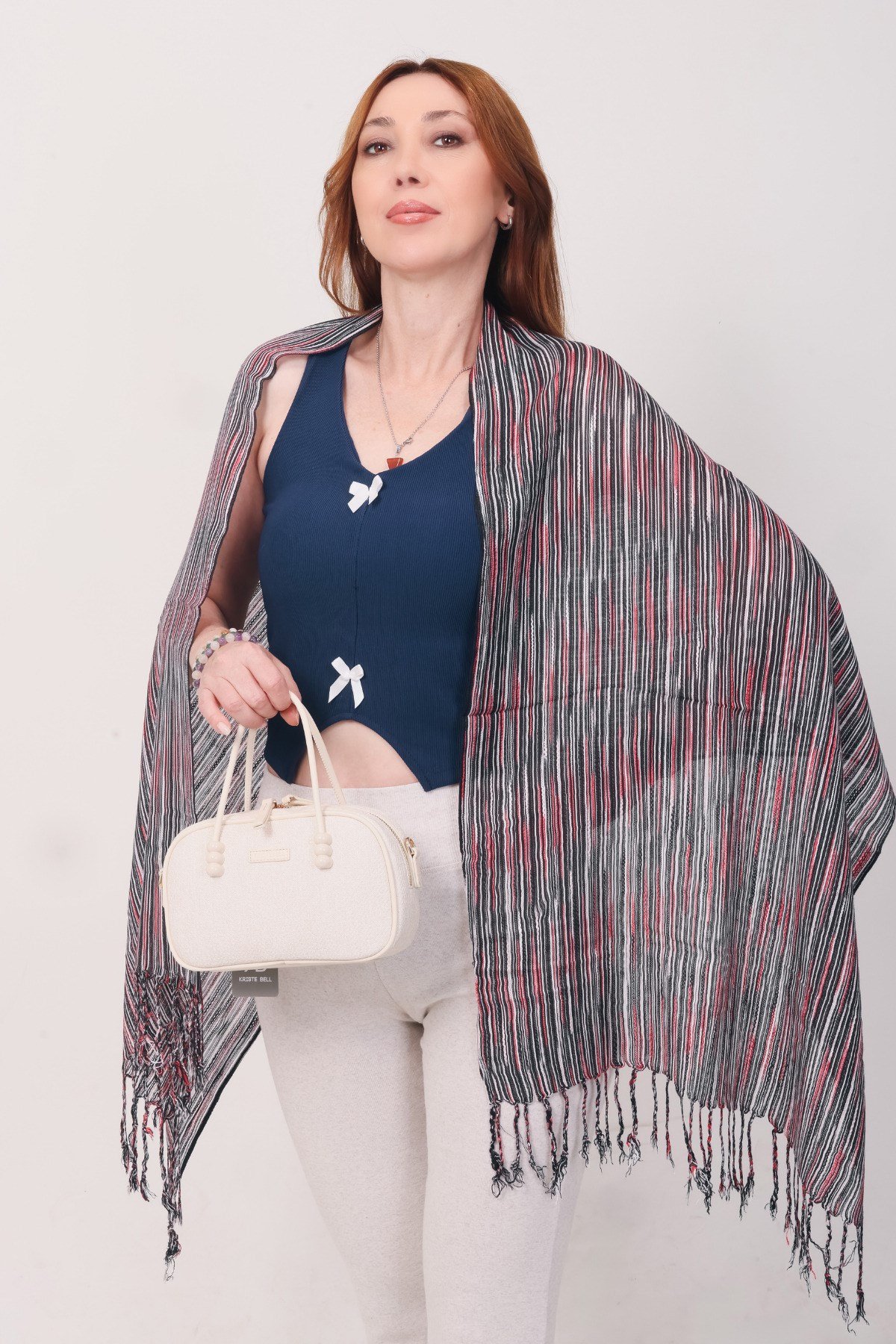 Shawl %100 Pamuk Kırmızı, Füme & Beyaz Çizgi Desenli Şal (50x160 cm)