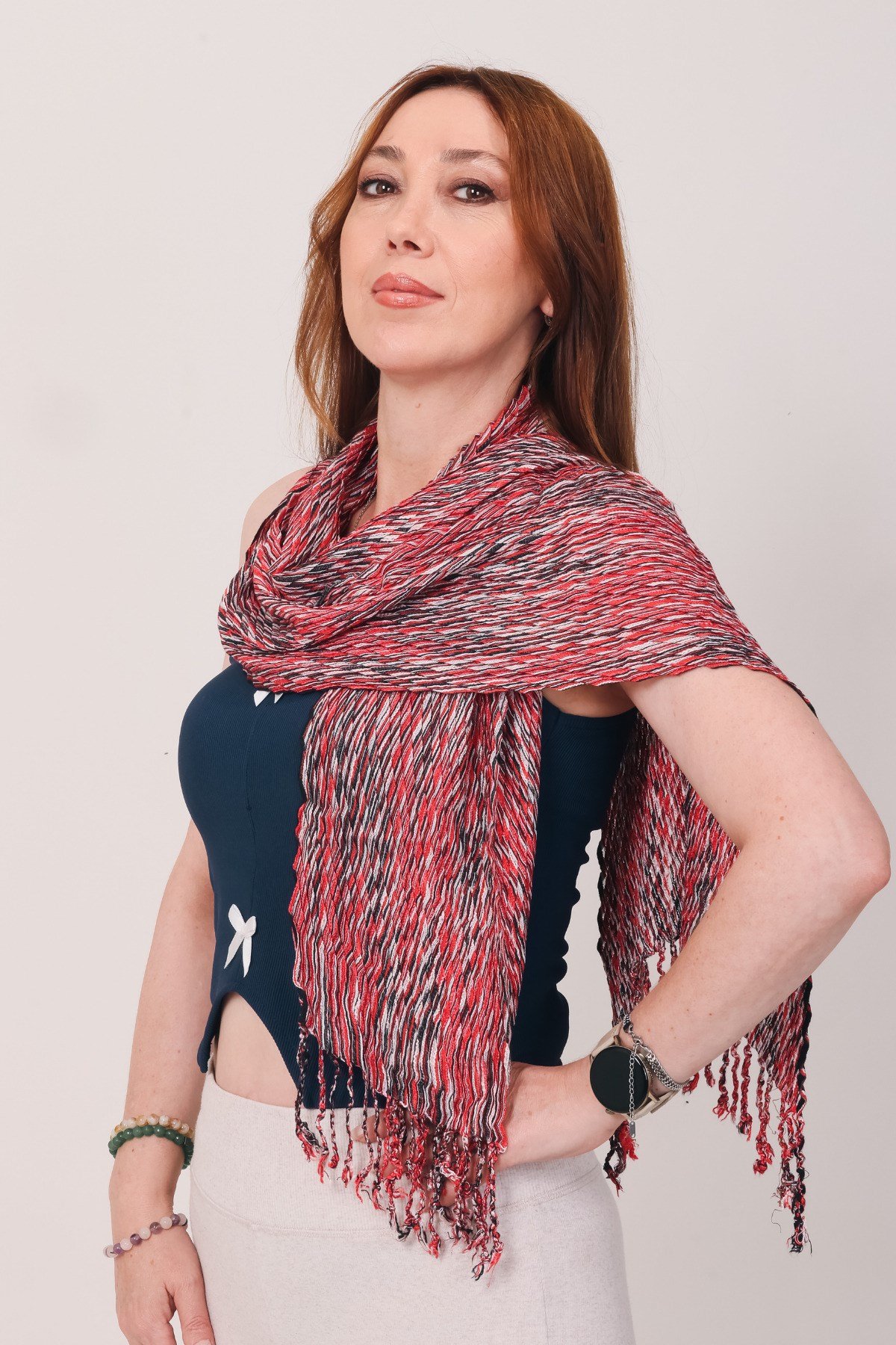 Shawl %100 Pamuk Kırmızı, Siyah & Beyaz Çizgi Desenli Atkı Şal (30X140 cm)