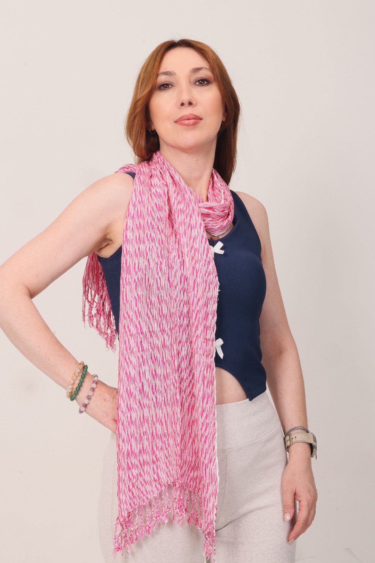 Shawl %100 Pamuk Pembe Renk Çizgi Desenli Çift Taraflı Atkı Şal (30X140 cm)