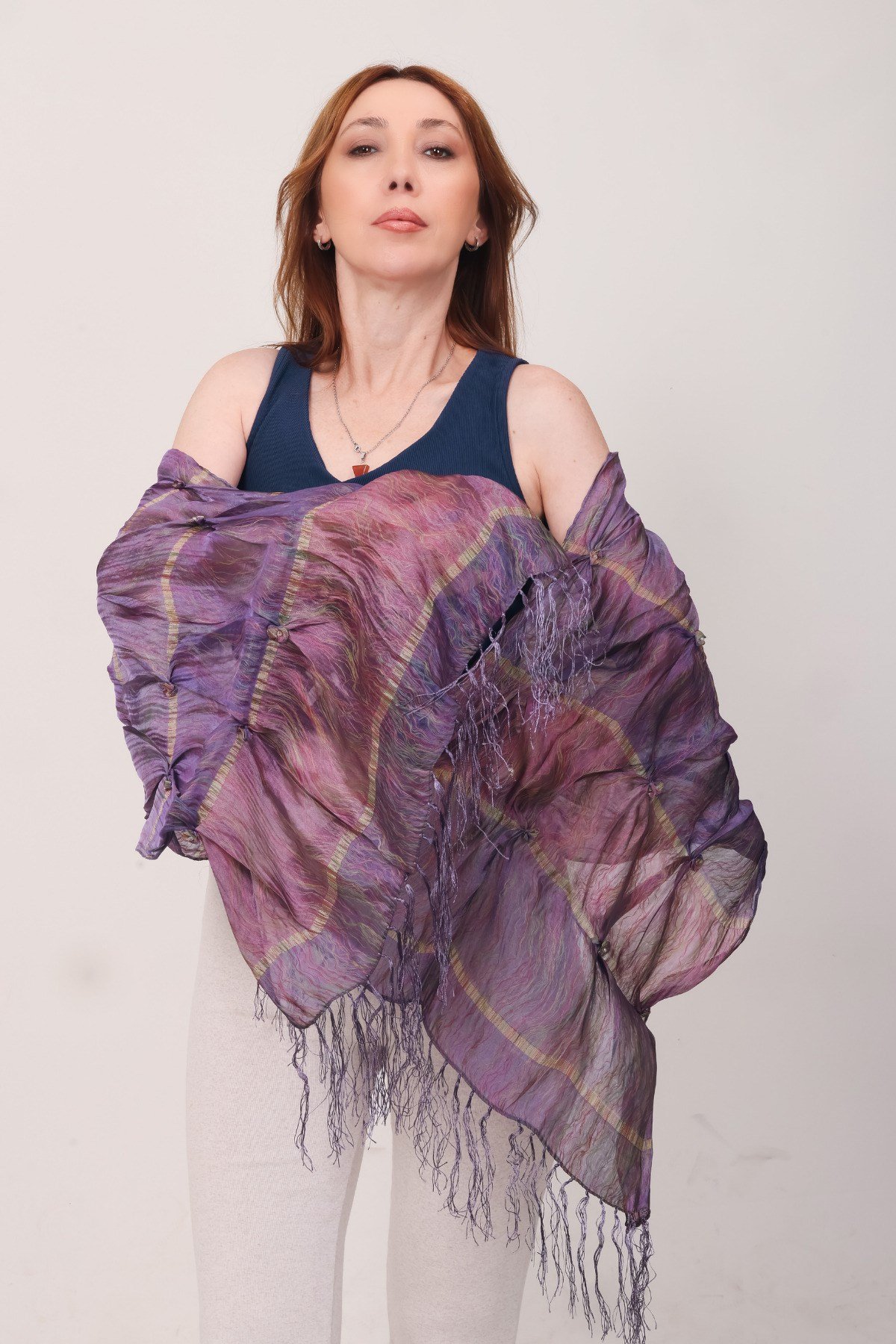 Shawl Lüks İpek Mor Çok Renkli Şal (54x188 cm)