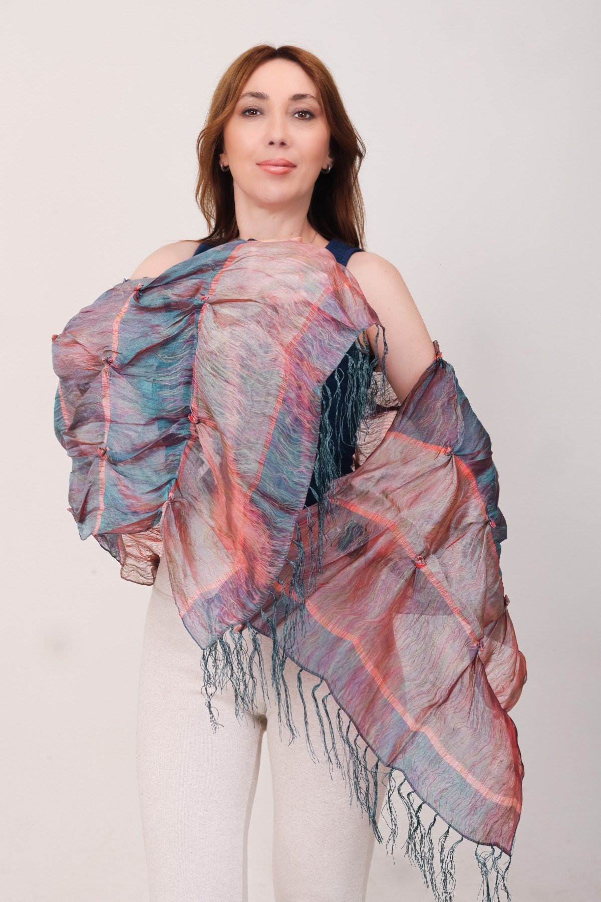 Shawl Lüks İpek Turkuaz Somon Çok Renkli Şal (54x188 cm)
