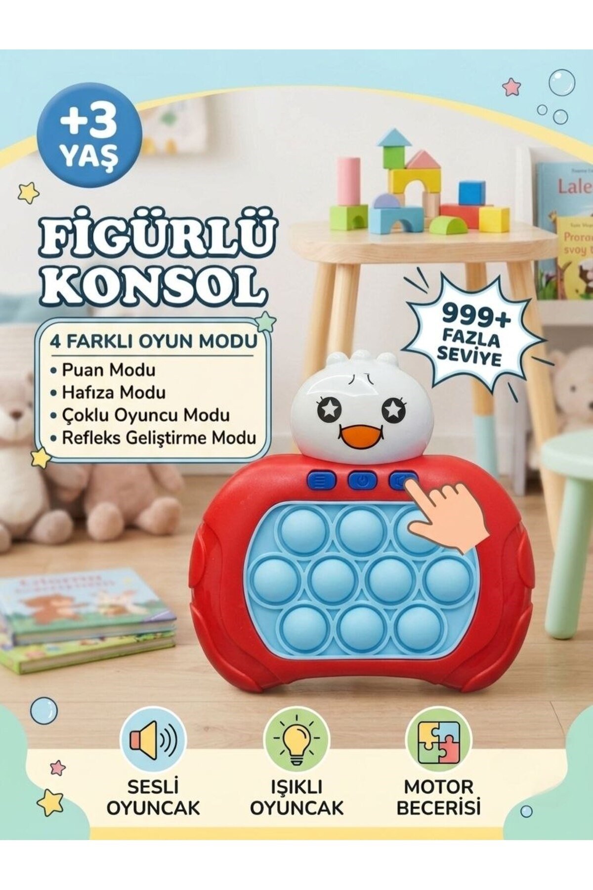 Figürlü Işıklı ve Sesli Akıllı Popit El Konsolu - Zeka ve Hafıza Geliştirici Eğitici Oyuncak (4 Mod, 999+ Seviye)