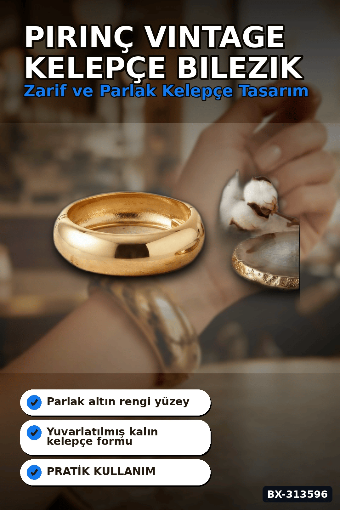 3.5 Cm Kalın Pirinç Vintage Kelepçe Bilezik - Rengi Tekli Bayan Takı BX-313596