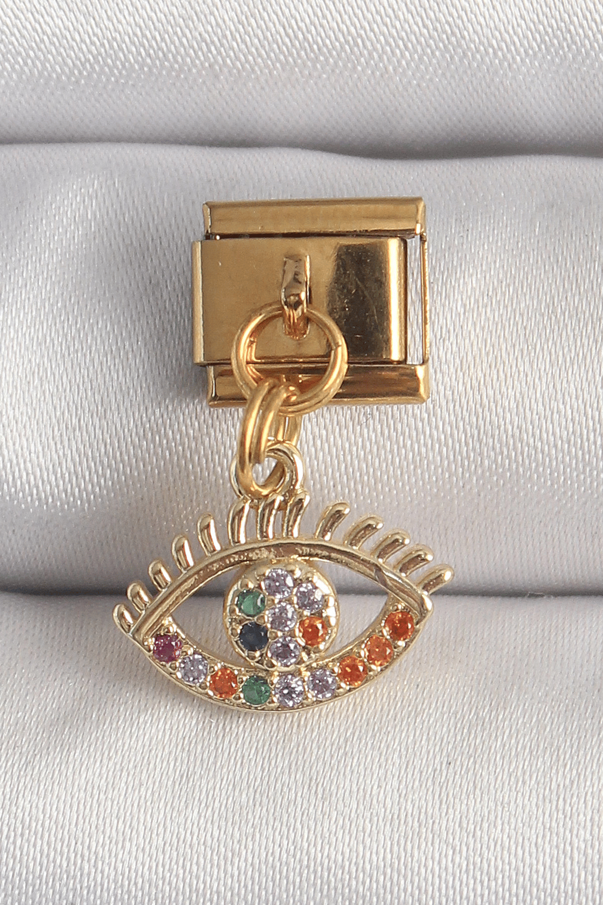 316L Çelik Gold Renk Sallantı Renkli Zirkon Taşlı Göz Model Nomination Charm 5886