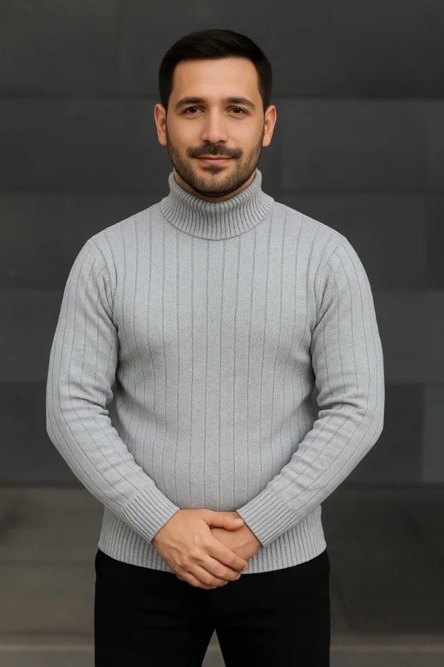 Erkek Balıkcı Yaka Bağazlı Triko Kazak Pamuklu Kalın Fitilli Dokuma, Regular Fit Uzun Kollu Kışlık Model - Gri