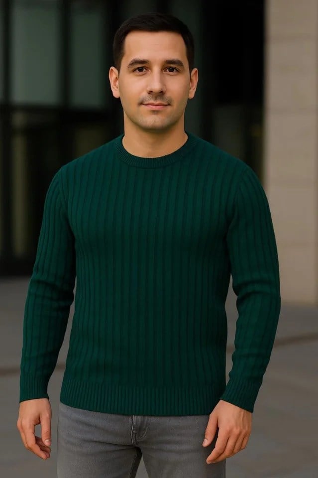 Erkek Bisiklet Yuvarlak Yaka Triko Kazak Pamuklu Kalın Fitilli Dokuma, Regular Fit Uzun Kollu Kışlık Model - Haki