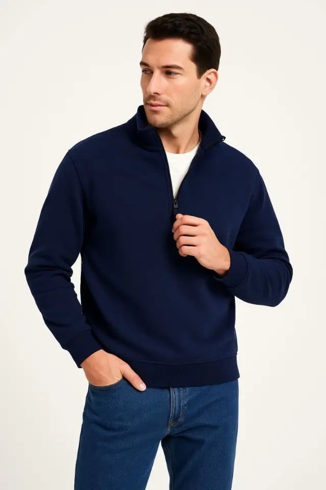 Erkek Dik Yaka Sweatshirt Dik Yaka Yarım Fermuarlı 3 İplik Şardonlu Pamuk Kumaş - Lacivert