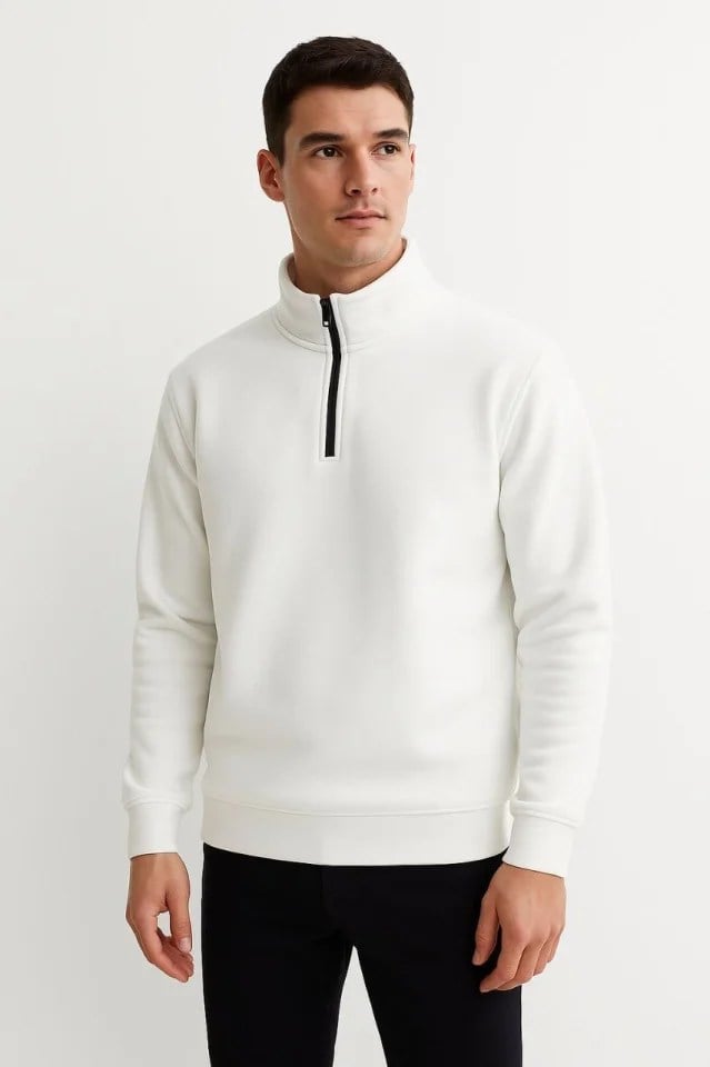 Erkek Dik Yaka Sweatshirt Dik Yaka Yarım Fermuarlı 3 İplik Şardonlu Pamuk Kumaş - Beyaz