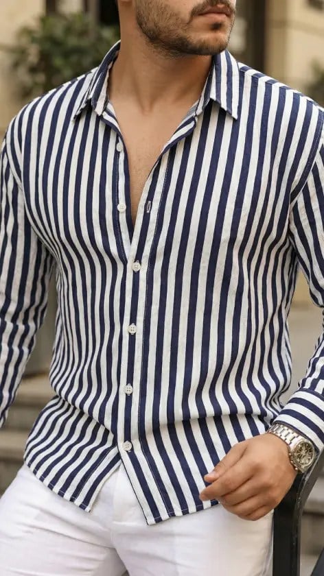 Erkek Dikey Çizgili Yarım Oversize Gömlek