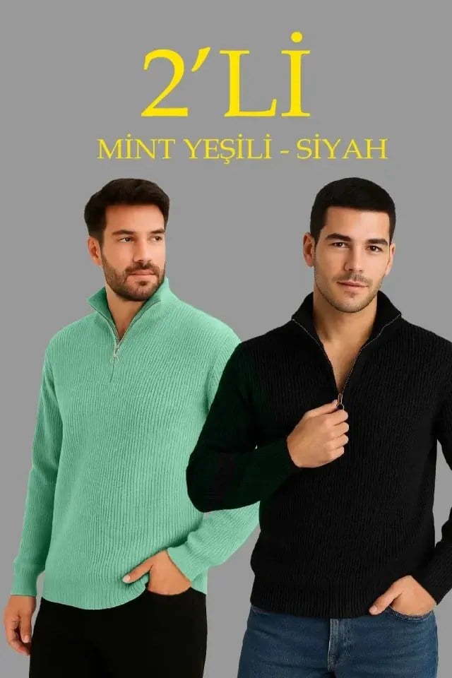 Erkek Fitilli Triko Kazak 2’li Set –  Mint Yeşili - Siyah, Kalın Dokuma Pamuklu Regular Fit V Yaka Fermuarlı Uzun Kollu Rahat Kışlık Kazak Kombini