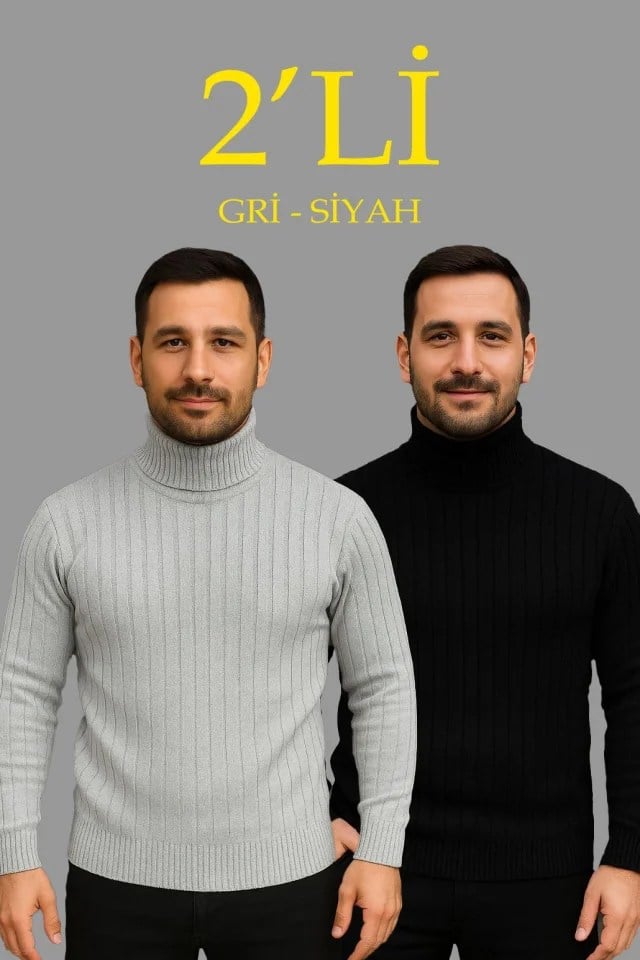 Erkek Fitilli Triko Kazak 2li Set Gri Siyah Regular Balıkcı Yaka Tam Boğazlı Triko Seti Modeli Kazak