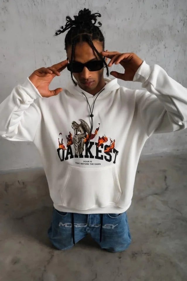Erkek Oversize Kapüşonlu Sweatshirt – Beyaz Renk Üç İplik İçi Pamuklu Kanguru Cepli Baskılı Hoodie Rahat Kalıp Kışlık Günlük Kombinlere Uygun - Beyaz