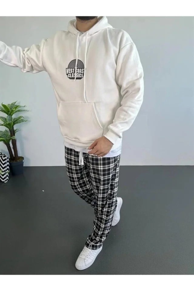 Erkek Oversize Üç İplik Kapüşonlu Sweatshirt – Beyaz Ön Baskılı, Kanguru Cepli, Rahat Kalıp, İçi Pamuklu Model