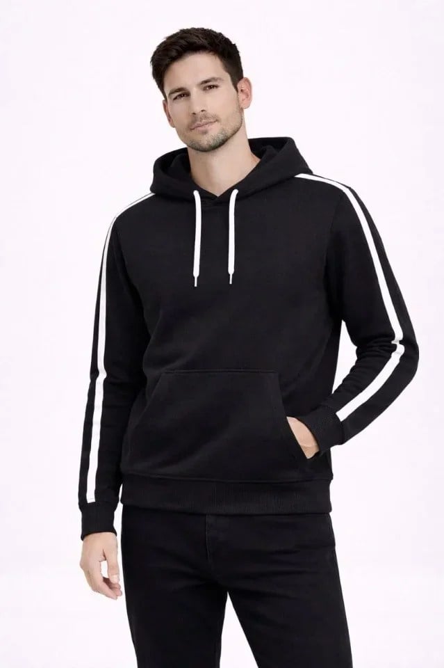 Erkek Şeritli Kapüşonlu Sweatshirt Oversize 3 Iplik Pamuklu - Siyah