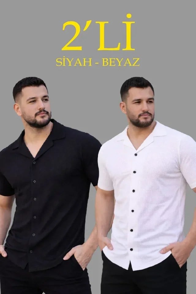 Erkek Waffle Dokuma Açık Yakalı Düğmeli Regular Kalıp 2’li Gömlek Seti - Siyah - Beyaz