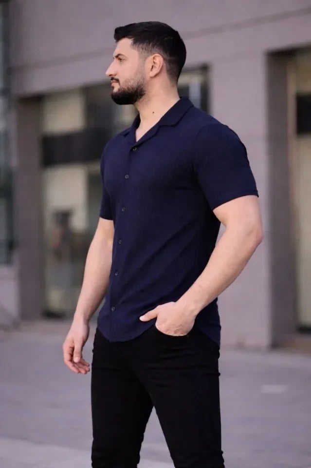 Erkek Waffle Kumaş Kısa Kollu Düğmeli Açık Yaka Regular Fit Gömlek - Lacivert