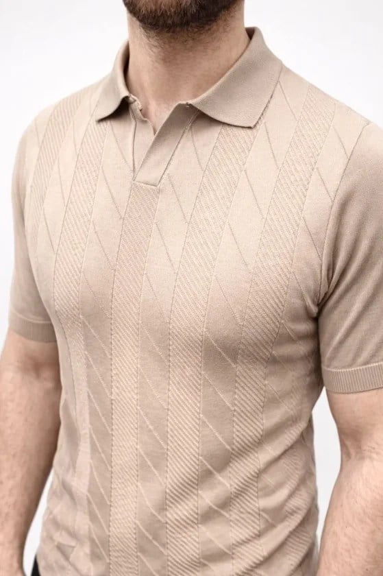 Erkek Yazlık Triko Dokuma Tişört Kısa Kol Polo Yaka T-Shirt - Bej