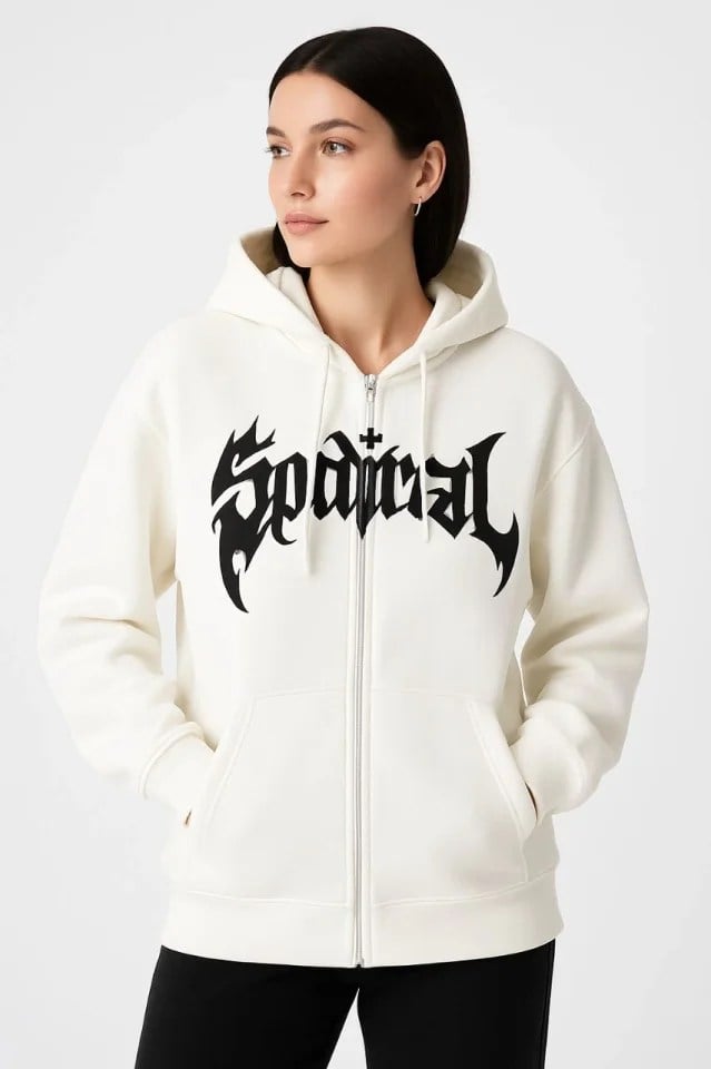 Oversize Kapüşonlu Sweatshirt Hoodie 3 İplik Şardonlu Pamuklu Kumaş, Önü Baskılı, Fermuarlı Rahat Kalıp, Kışlık Ve Sokak Stili Sweat - Beyaz