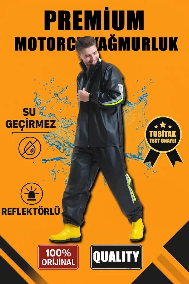 Premium Motorcu Kurye Yağmurluk Takım Su Geçirmez PVC Kumaş Reflektörlü TÜBİTAK Onaylı - Siyah