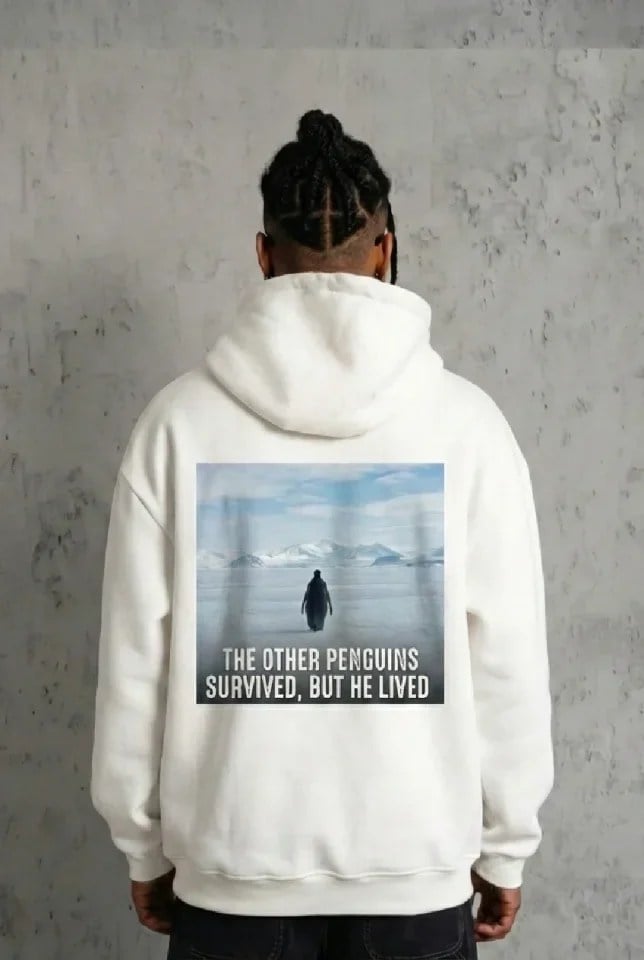 Siyah Oversize Hoodie - Sırt Baskılı Survivor Penguin Temalı, Felsefi Yazılı Kapüşonlu Sweatshirt - Beyaz